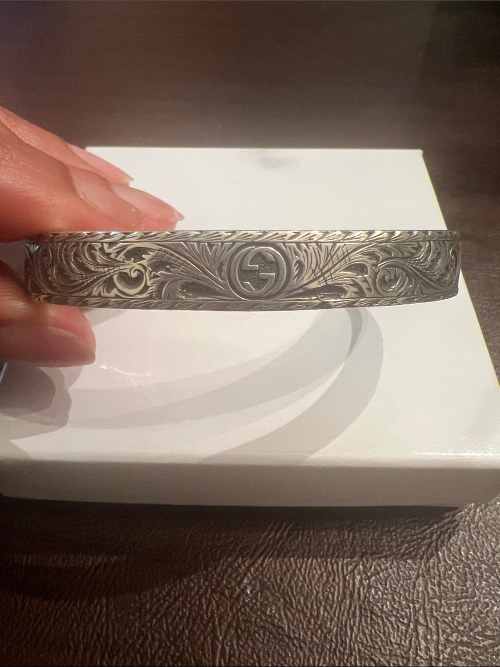 Gucci Engraved Silver Bangle Bracelet